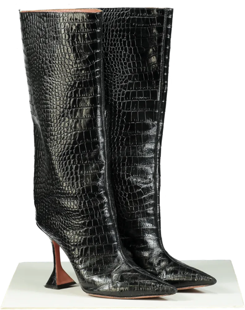 Amina Muaddi Black Croc-Embossed Leather Boots UK 7