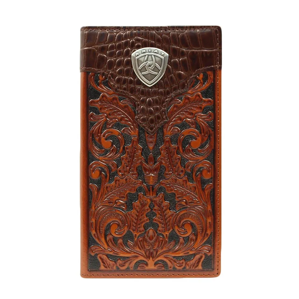 Crocodile and Floral Tooled Bifold Rodeo Leather Wallet - Oak