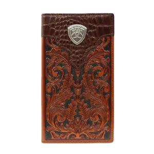 Crocodile and Floral Tooled Bifold Rodeo Leather Wallet - Oak