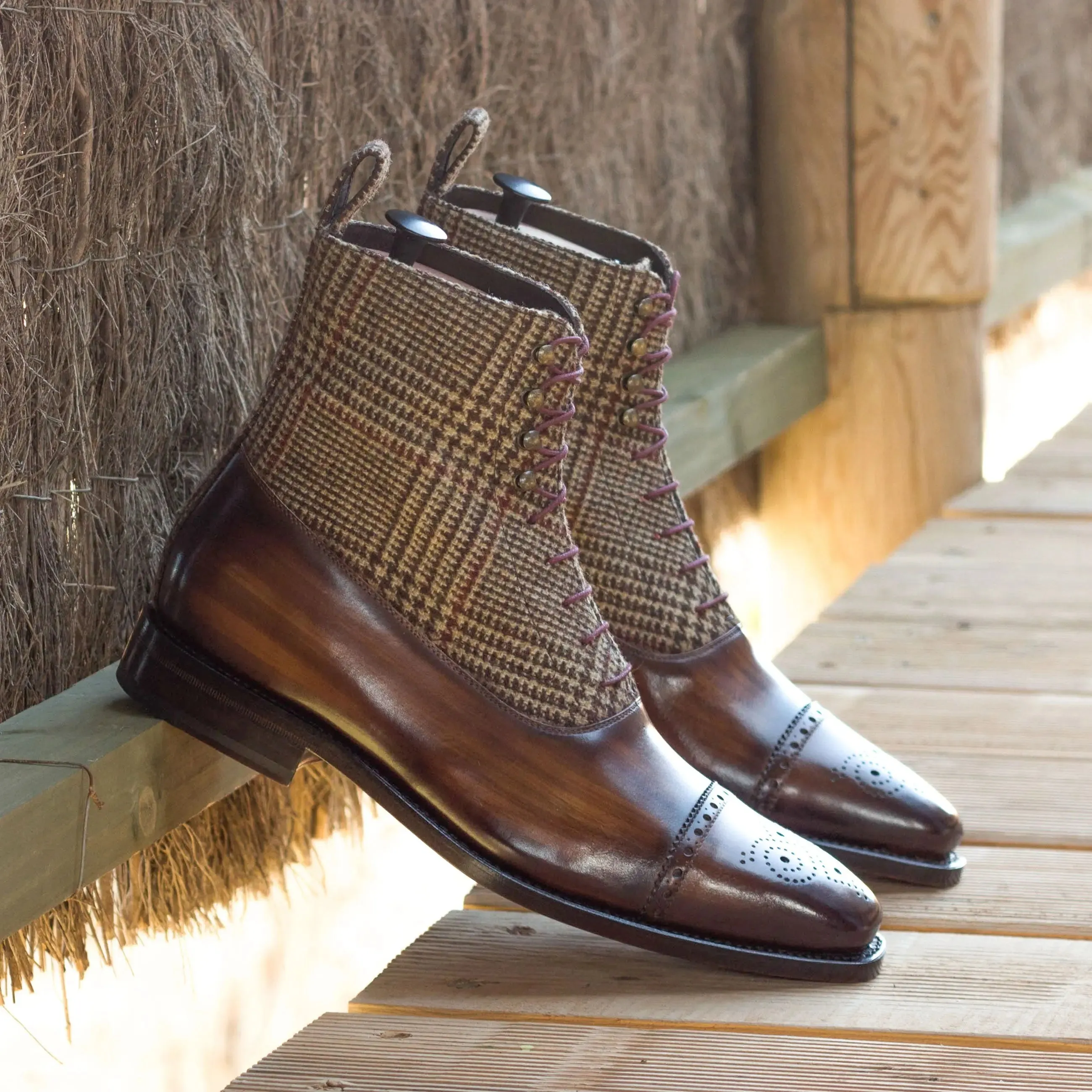 DapperFam Vittorio in Tweed / Brown Men's Sartorial & Hand-Painted Patina Balmoral Boot