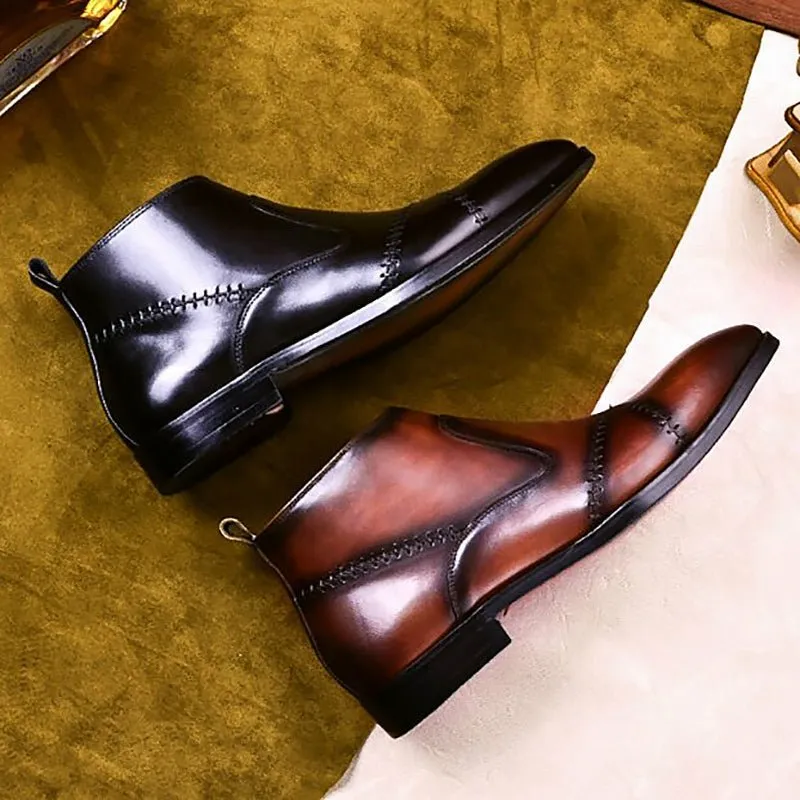 Elegant Satin Leather Ankle Boots with Exaggerated Stitching