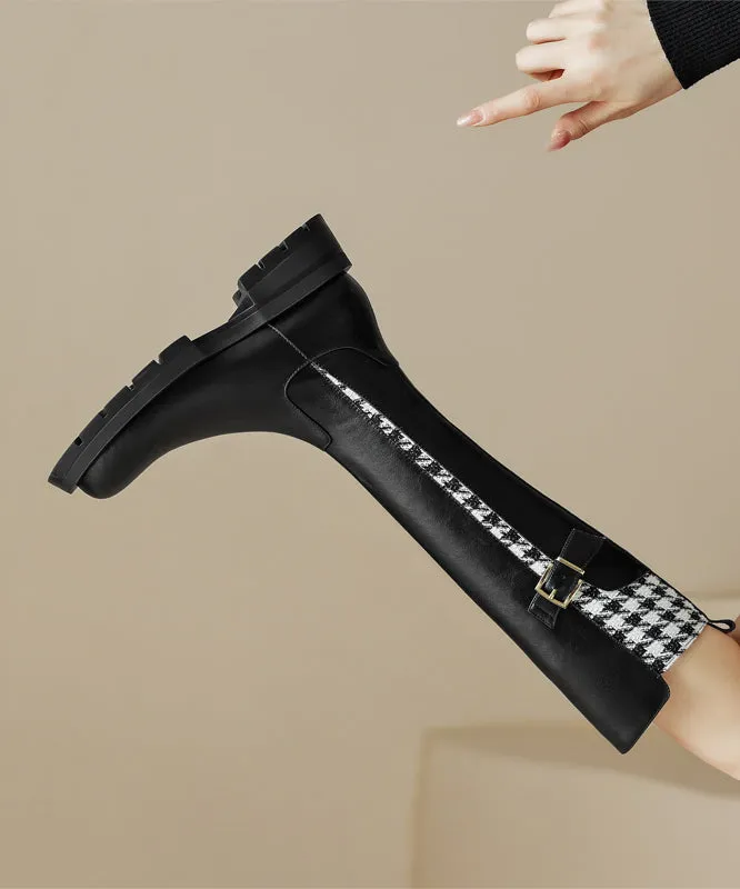 French Black Plaid Buckle Zippered Splicing Boots ML1717