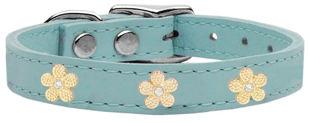 Gold Flower Widget Genuine Leather Dog Collar Baby Blue 10