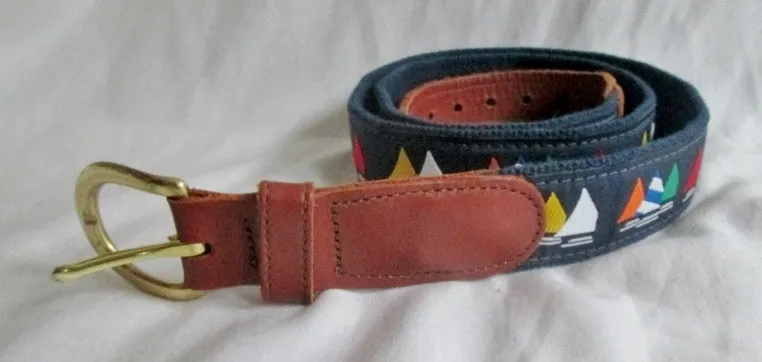 Mens PRESTON LEATHER PRODUCTS SAILBOAT Canvas Leather Belt USA 36 BLUE