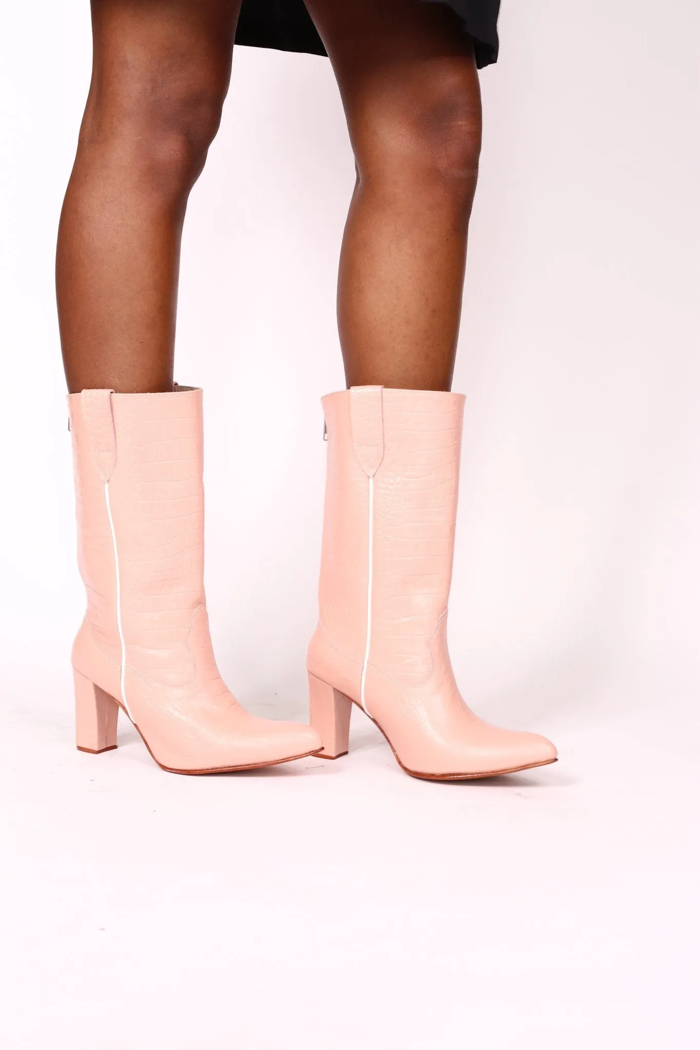 PINK CROC EMBOSSED HEEL BOOTS THOLA