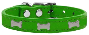 Silver Bone Widget Genuine Leather Dog Collar Emerald Green 12