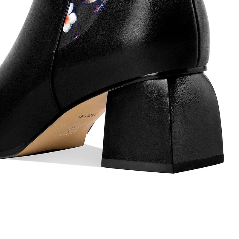 Vibrant & Elegant Floral Embossed Genuine Cowhide Pull-On Round Toe Ankle Boots