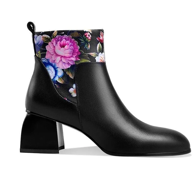 Vibrant & Elegant Floral Embossed Genuine Cowhide Pull-On Round Toe Ankle Boots