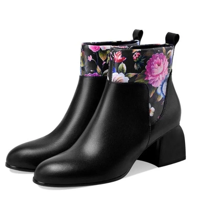 Vibrant & Elegant Floral Embossed Genuine Cowhide Pull-On Round Toe Ankle Boots
