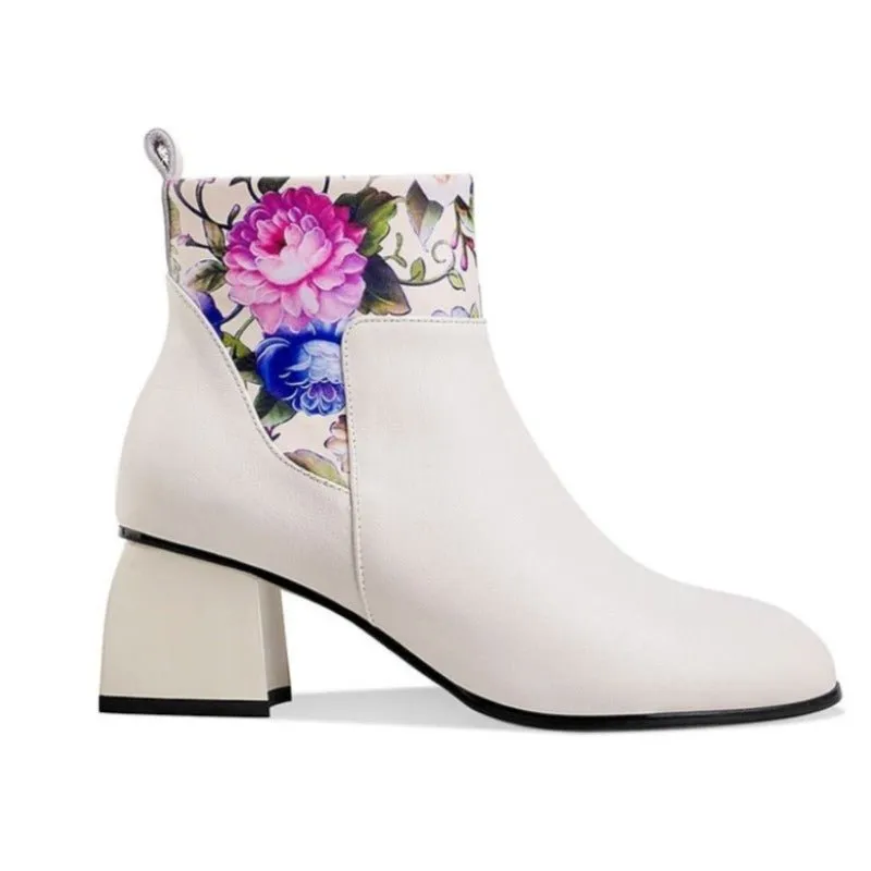 Vibrant & Elegant Floral Embossed Genuine Cowhide Pull-On Round Toe Ankle Boots