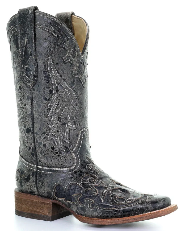 Women's Corral Distress Black with Black Snake Inlays Square Toe Boots - A2402 MO