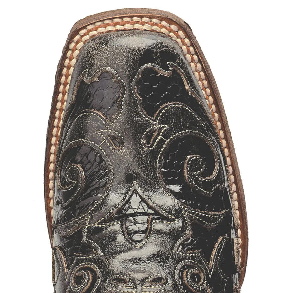 Women's Corral Distress Black with Black Snake Inlays Square Toe Boots - A2402 MO