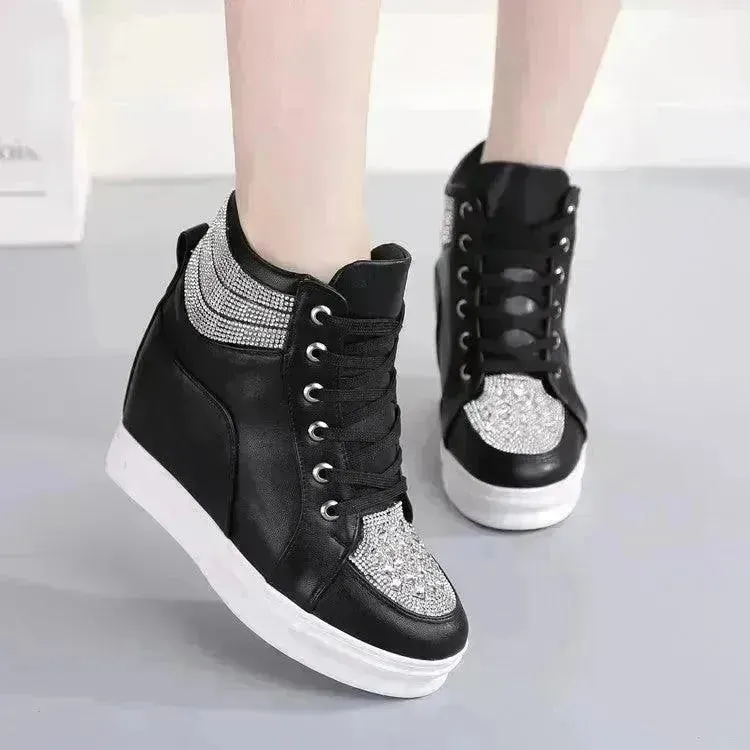 Womens Sneakers Shoes High Top Wedge Platform Heels Rhinestone