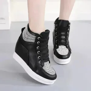 Womens Sneakers Shoes High Top Wedge Platform Heels Rhinestone